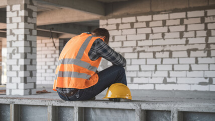 A man in an orange vest sits on a cement slab with a hard hat on. He looks sad and defeated