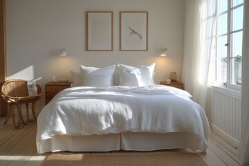scandinavian bedroom, stylish swedish bedroom featuring white linens, oak furniture, and delicate lighting casting soft shadows, creating a serene ambiance