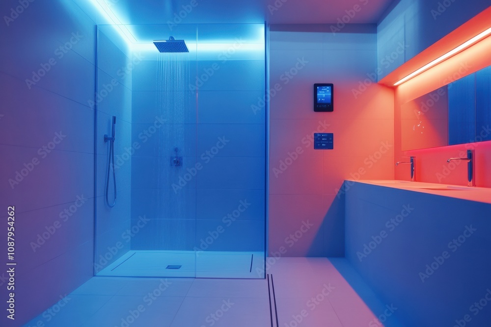 Leinwandbilder This sleek bathroom showcases a smart shower system with a touch panel for precise temperature adjustments, creating a relaxing space. Generative AI