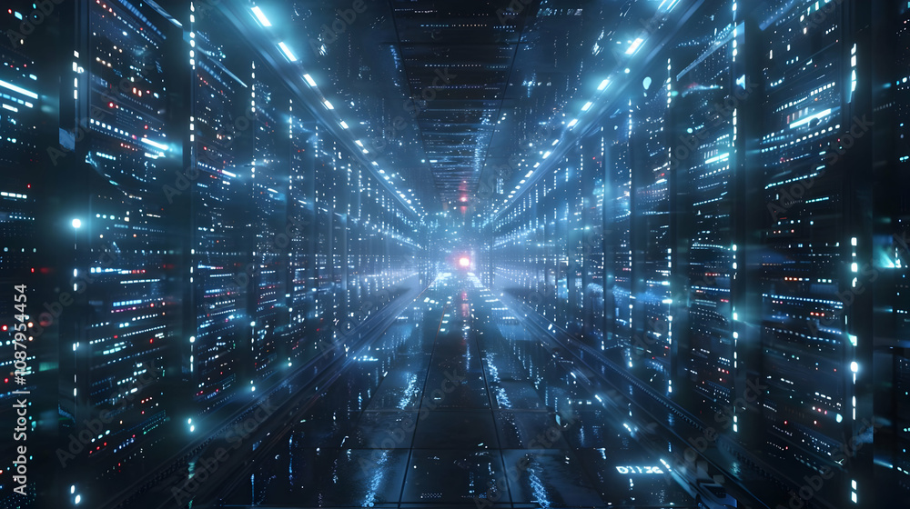 Poster 3d render of illuminated data center corridor, servers glowing with digital information, futuristic 