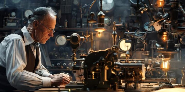 Steampunk inventor in a workshop, 4K Video