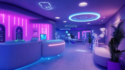Futuristic Reception Area with Robots