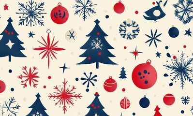 Colorful Christmas pattern with holiday elements, including stars, snowflakes, evergreen branches, and ornaments perfect for festive backgrounds