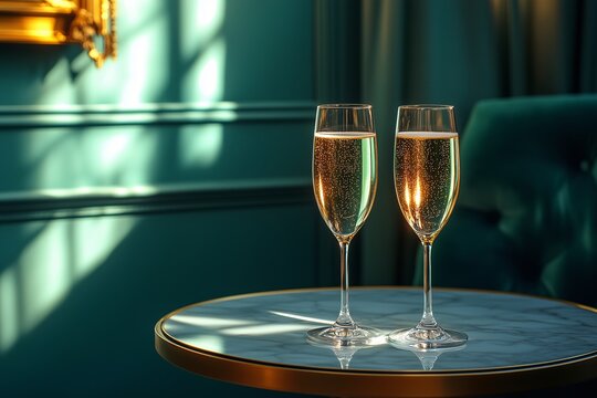 Sparkling champagne glasses elegantly placed on a marble table in a stylish indoor setting