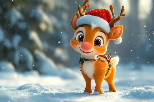 Playful cartoon reindeer with a cheerful expression, wearing a Santa hat and harnessed to a sleigh, set against a snowy winter background in a festive, colorful style.
