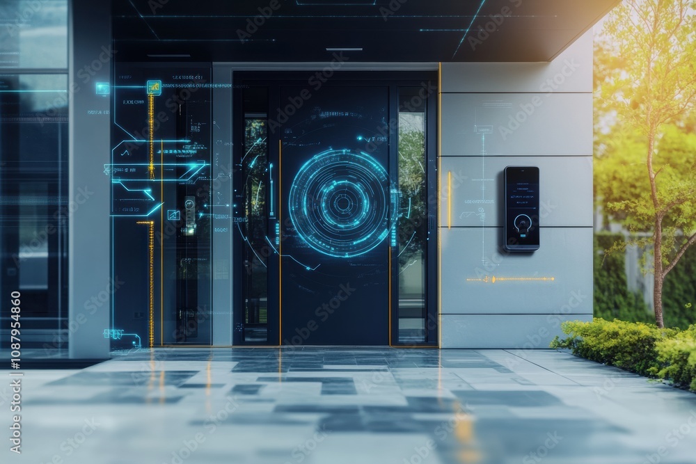Poster the entrance showcases cutting-edge security features like smart cameras, motion sensors, and a fing