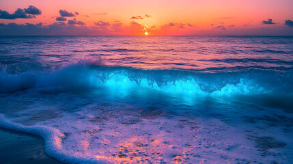 Serene Aquatic Awe at Sunset: Bioluminescent Waves and Turquoise Seascape
