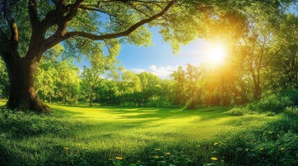 Sunlight streams through the canopy of a large tree in a lush green forest.
