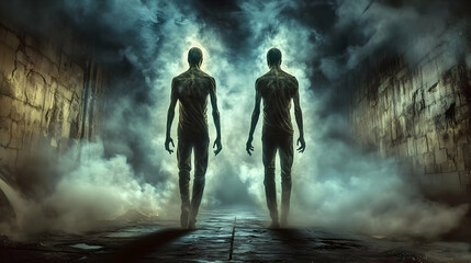 Obraz premium Two Figures Walk Through a Smoky and Desolate Alleyway, Their Shapes Eerie and Unnatural, A Haunting Digital Art Piece Created for a Horror-Themed Artwork