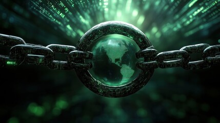 Blockchain technology securing planet earth with futuristic chain and digital matrix background