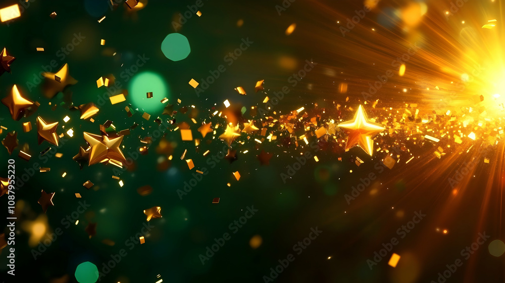 Poster golden stars and confetti exploding from a bright light, creating a festive and sparkling celebratio