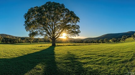 A solitary tree stands tall in a field, its silhouette outlined against the setting sun.