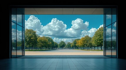 Naklejka premium Open doors reveal sunny park.