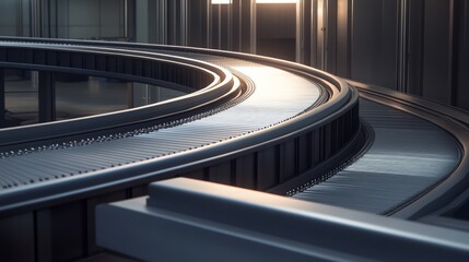 Close-up of a curved conveyor belt system in a modern industrial setting.