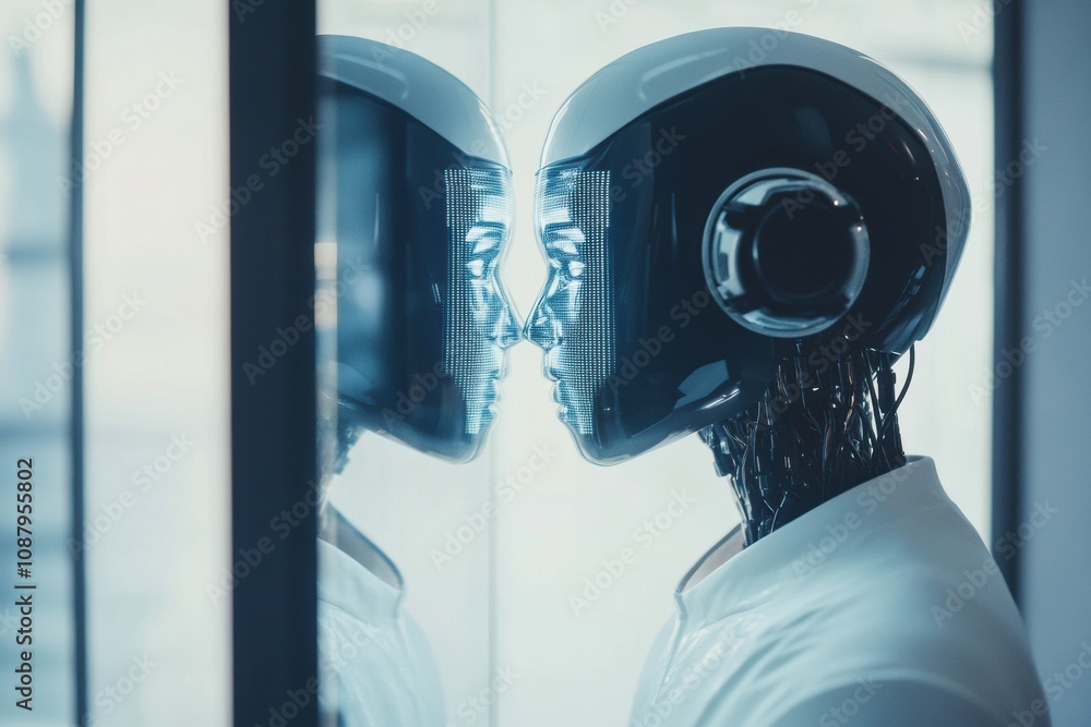 Poster a person looks into a sleek digital mirror where a lifelike robot reflects back, capturing a moment 