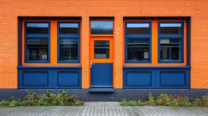 Orange brick building with blue windows and door.
