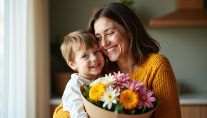 Mother and Child with Flowers: A Moment of Joy