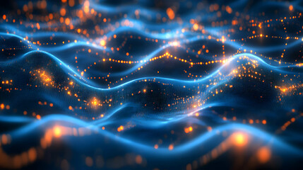 Obraz premium Abstract 3D Blue Wave Background with Glowing Orange Particles: Digital Art Illustration