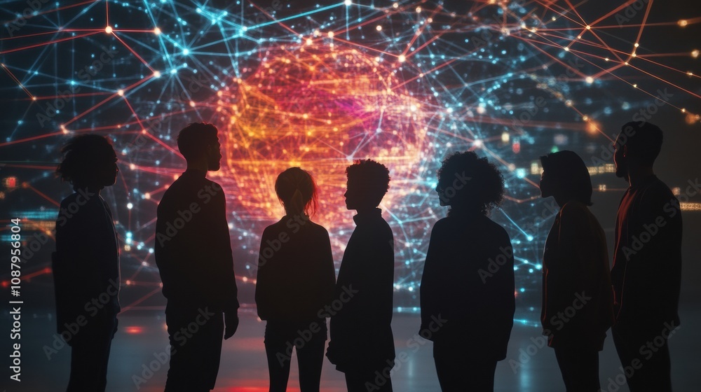 Poster a diverse group of individuals observes an abstract ai system display at a technology event, engaged