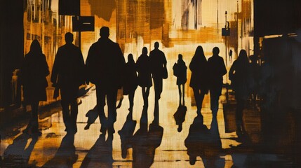 Obraz premium Silhouettes of people walking on a city street at dusk.