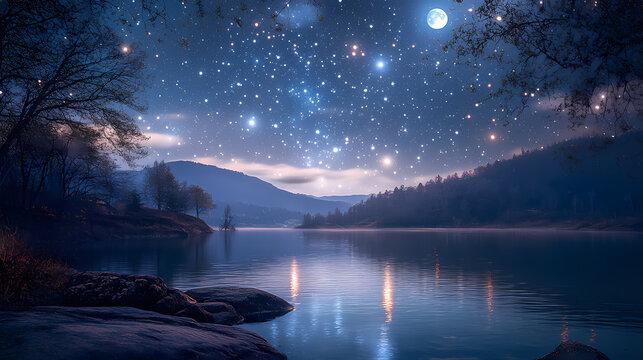 Landscape featuring a serene moonlit night sky with twinkling stars , moon, stars, night, sky, landscape, nature, celestial. Celestial Moonlit Sky. Illustration