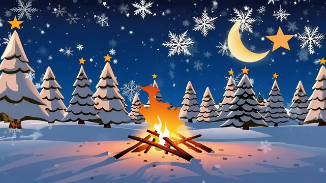 Eve campfire crackling night sky perfect holiday themed backgrounds settings 4K balefire camp nobody cartoon loop seamless snow winter nature forest background tree landscape travel vacation