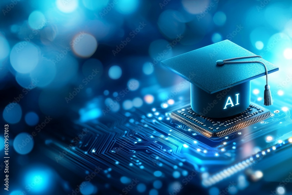 Poster artificial intelligence or ai in the concept of machine learning and education. background with sele
