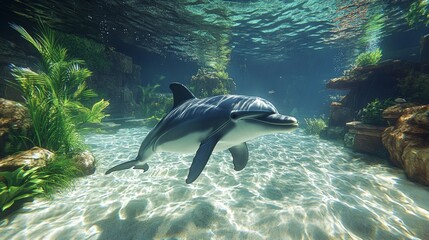 Beautiful dolphin swimming underwater in a large aquarium, surrounded by tropical plants, creating a serene and captivating scene