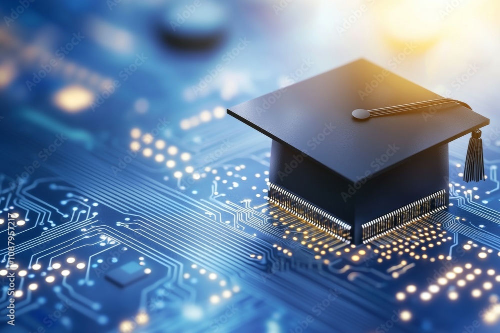 Poster a computer chip with a black cap on top of it