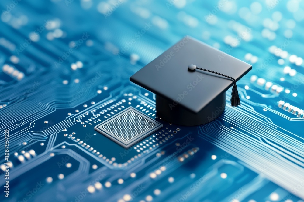 Poster a computer chip with a black cap on top of it