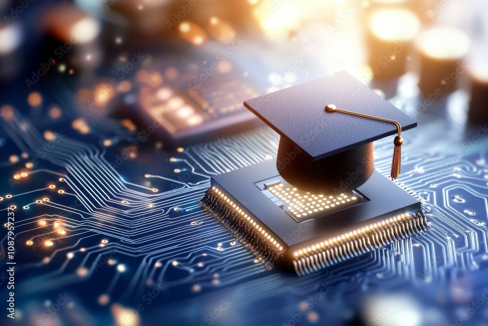 Poster a computer chip with a graduation cap on top of it