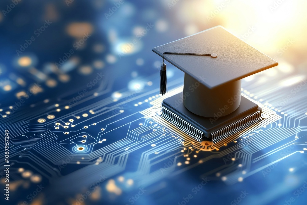 Poster a computer chip with a graduation cap on top of it