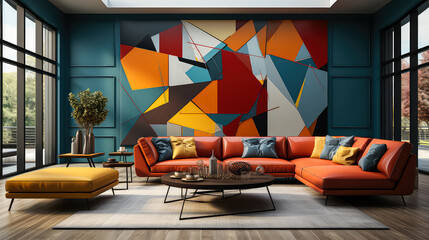 3D rendering Living Room Concept: A Stylish and Inviting Space for Modern Living Room with colorful and abstract mural wall, Contemporary Design Elements, and interior design idea for decorate