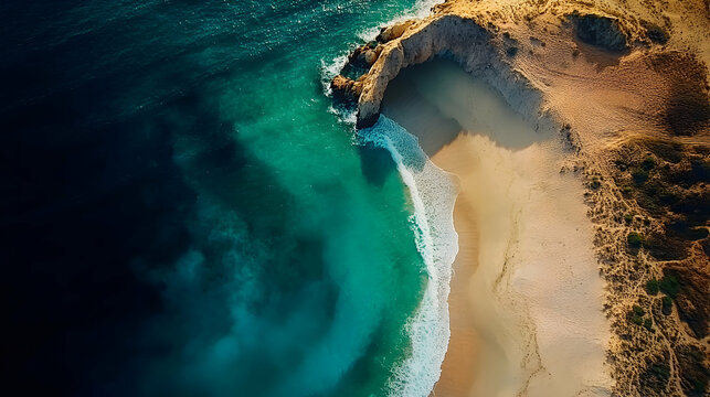 Aerial View: Turquoise Ocean Waves Crashing on Sandy Beach near Rocky Cove