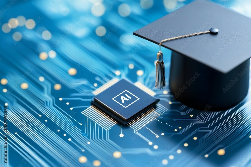 Poster artificial intelligence or ai in the concept of machine learning and education. background with sele