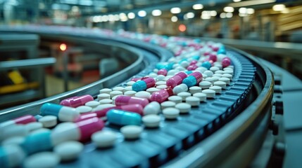 Pharmaceutical pills moving on conveyor belt in factory.