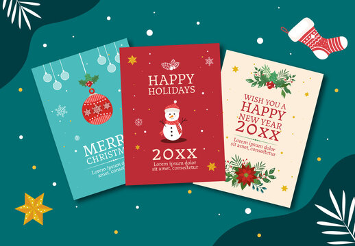 Red And Blue Christmas Holiday Greeting Cards Templates Collection