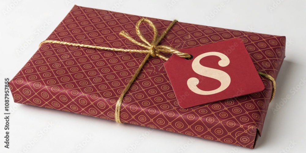 Poster s accent tag a flat rectangular gift wrapped in a deep red paper with a bold s pattern embellished w