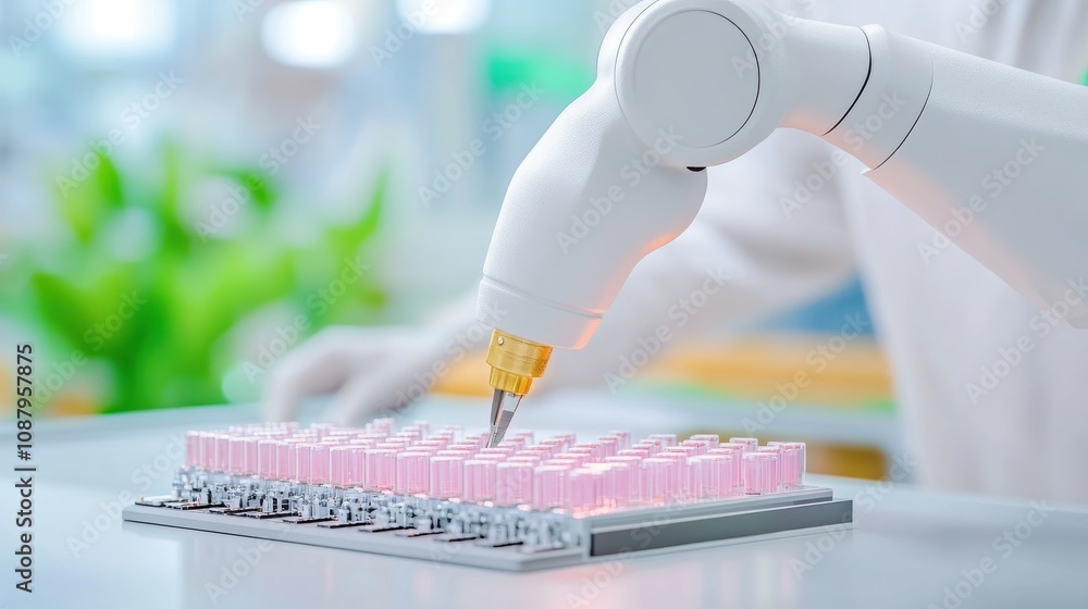 Poster robotic arm assembling electronics on factory table