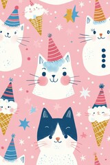 Adorable pastel pink background featuring cute cartoon cats with party hats, surrounded by ice cream cones and playful stars