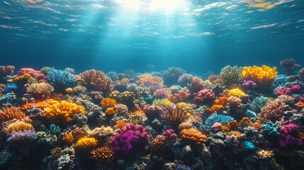 Naklejka premium Vibrant coral reef thrives in shallow, sunlit tropical waters, teeming with marine life and showcasing underwater beauty