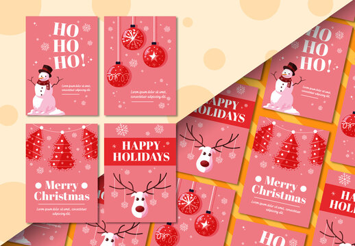 Red And Pink Christmas Festive Winter Holidays Greeting Cards Collection