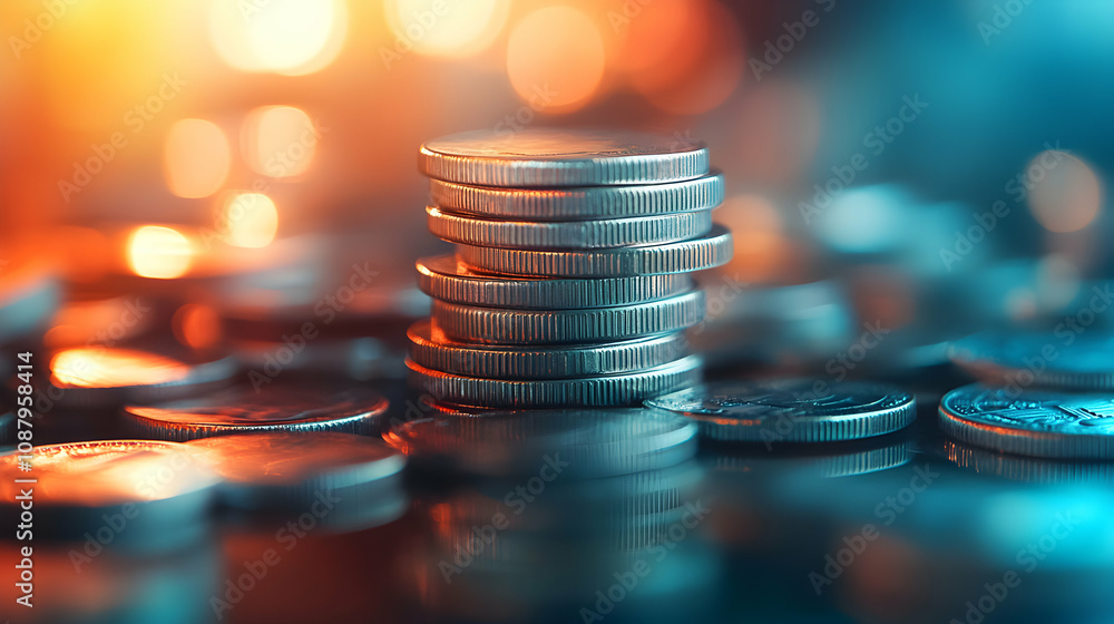 Poster abstract stack of coins illuminated with warm and cool light background