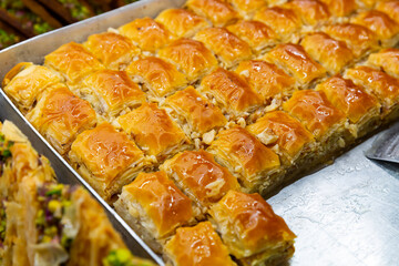 Traditional Oriental sweet Baklava pastries at the Turkish market.