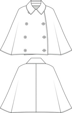 recommend clip art: collared double breast buttoned pancho loose slouchy sleeveless jacket cardigan template technical drawing flat sketch cad mockup fashion woman design style model 
                    