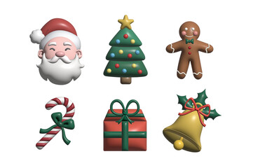 3D Christmas elements: Santa Clause, Christmas tree, Gingerbread Man, Candy cane,  Christmas present, Christmas bell