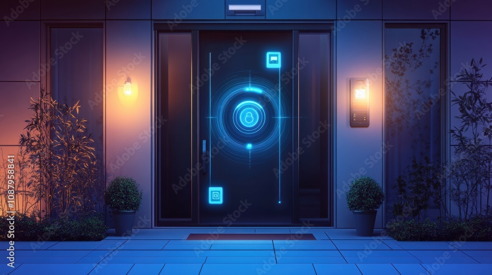 Poster a contemporary home entrance equipped with high-tech security features, including cameras, motion se
