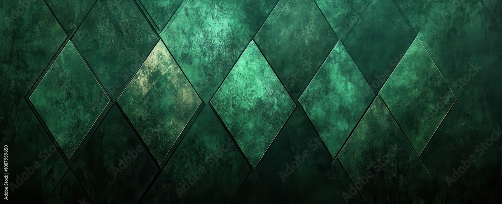 Poster abstract geometric pattern with diamond shapes on a dark green background, creating a calming and my