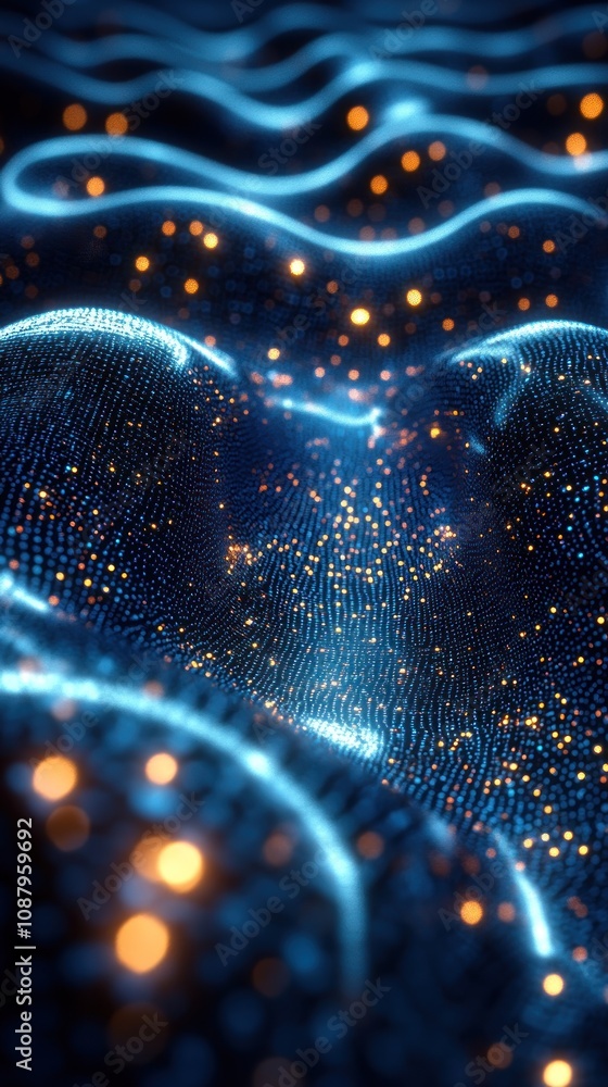 Poster abstract digital representation of flowing waves with glowing particles.
