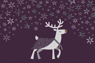 Whimsical Cartoon Reindeer Stars Purple Background Holiday Cards